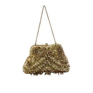 Designer Womens Kisslock Framed Beaded Sequin Satin Evening Pouch Handbag White